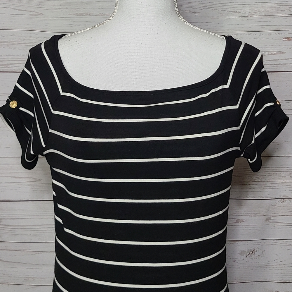 Whbm Square Neck Fitted Striped Button Short Slee… - image 5
